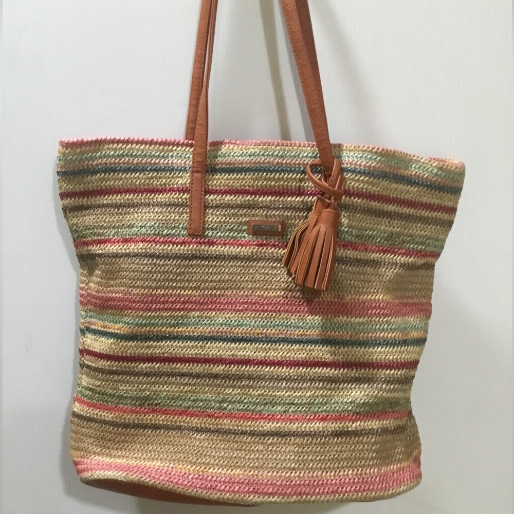 Sun N Sand Beach Tote Bag Woven Natural Boho Multicolor Rainbow Vacation Tassels